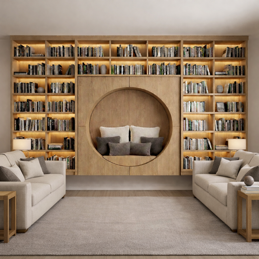 Bibliothèque av. assise — Revêtement bois
