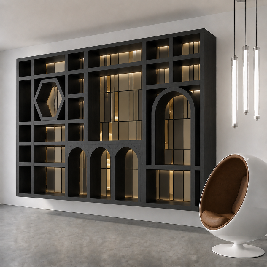 Bibliothèque suspendue — Revêtement bois
